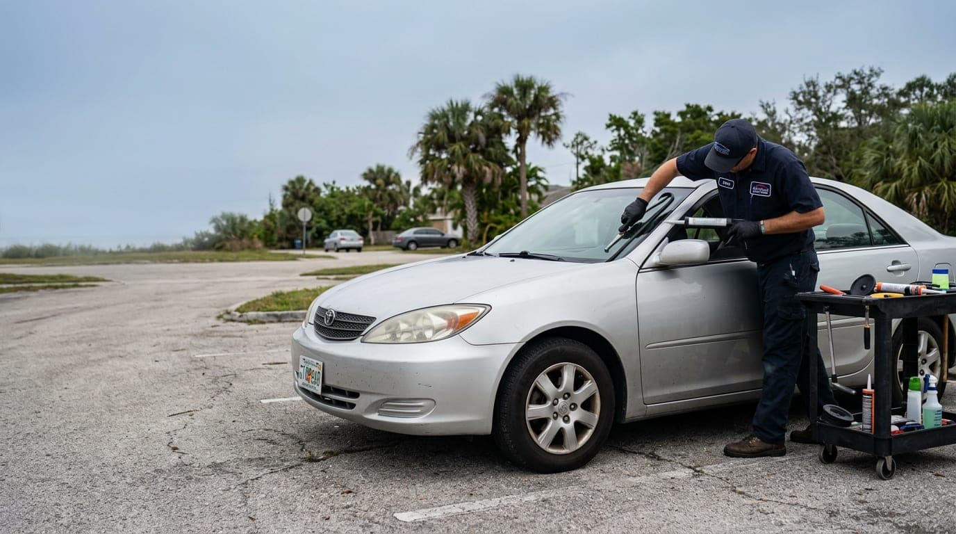 Auto glass technician replacing a windshield on a sedan in Delray Beach, FL